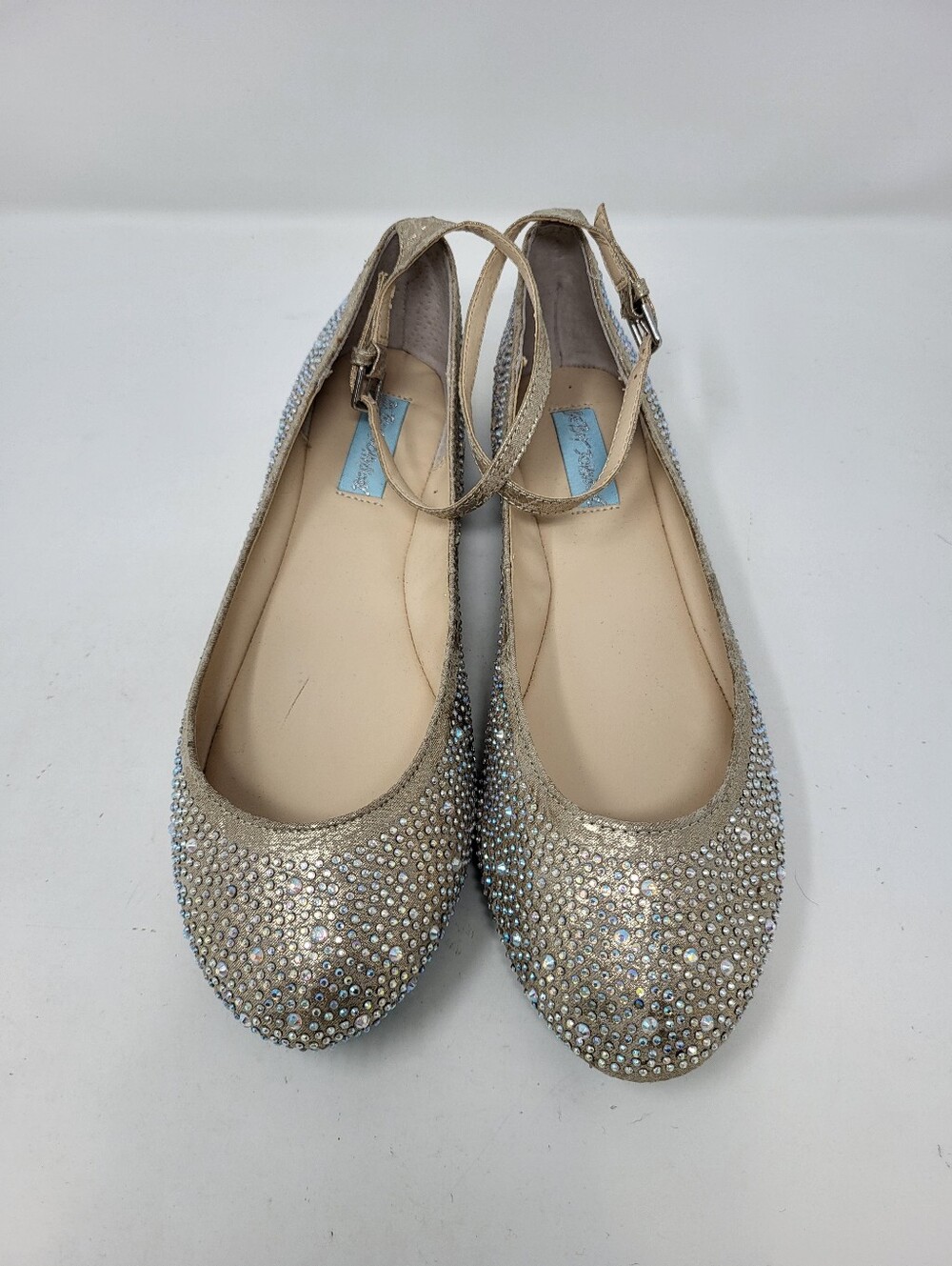 Betsey Johnson Joy Blue Rhinestone Ankle Strap Ballet Flat Sparkly Size 8